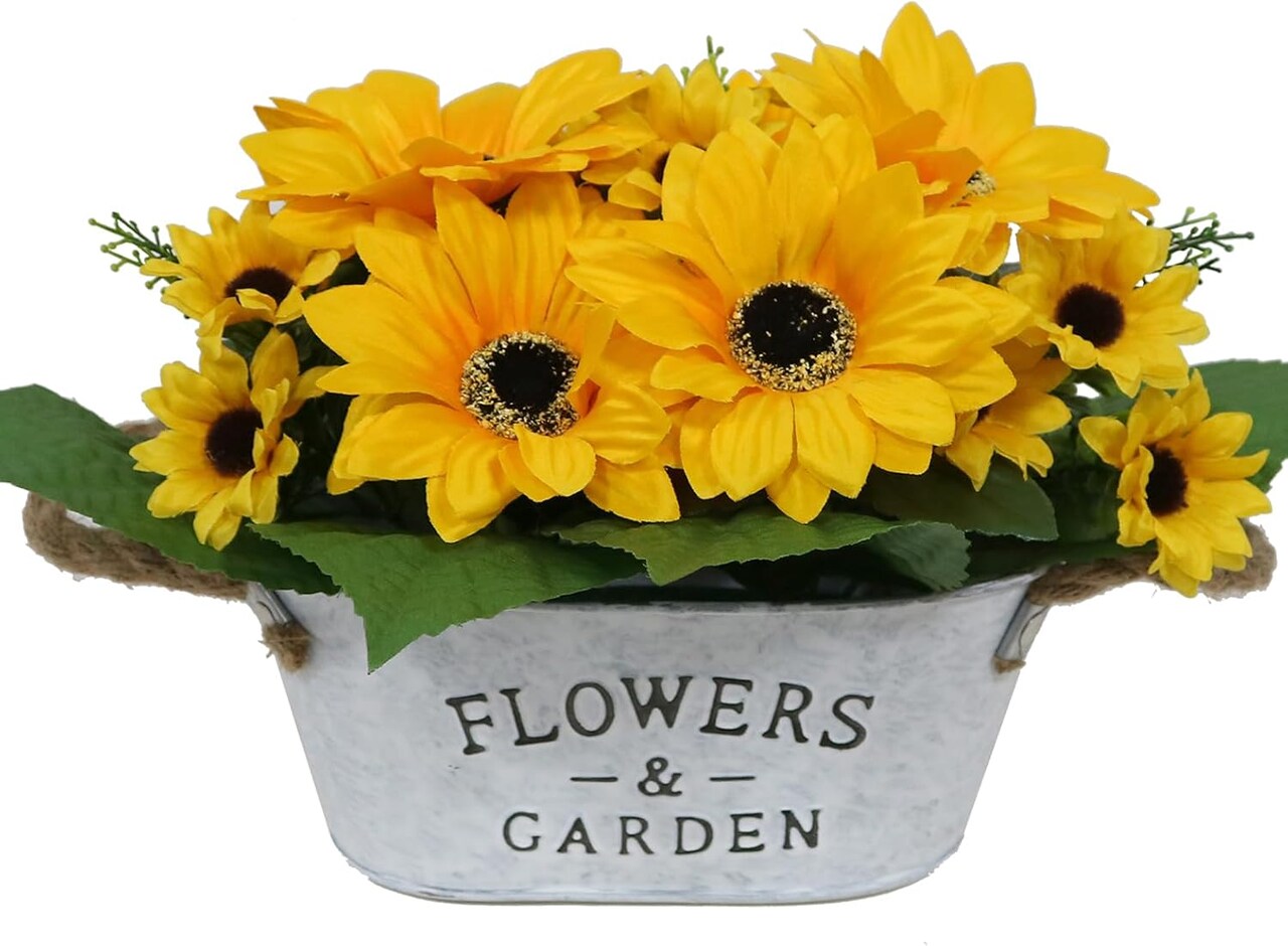 Spring Tabletop Decor – Artificial Sunflowers in Rustic Metal Pots, Faux Silk Flower Centerpiece for Farmhouse Home, Office & Table Decoration
